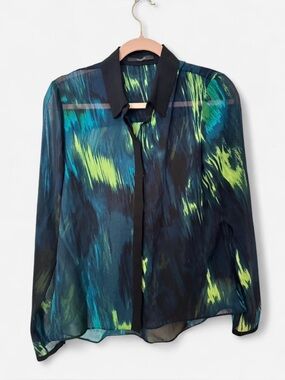 Tahari Soho Green Abstract Brushstroke Print Button Down Shirt